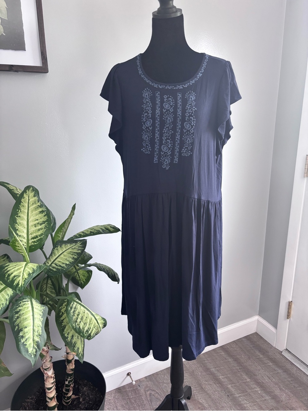 LOFT Navy Embroidered Flutter-Sleeve Midi Dress